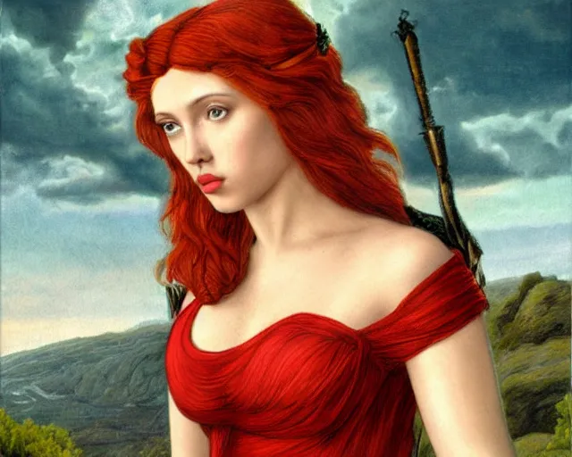 Image similar to scarlet johansson as athena, pre - raphaelite style,