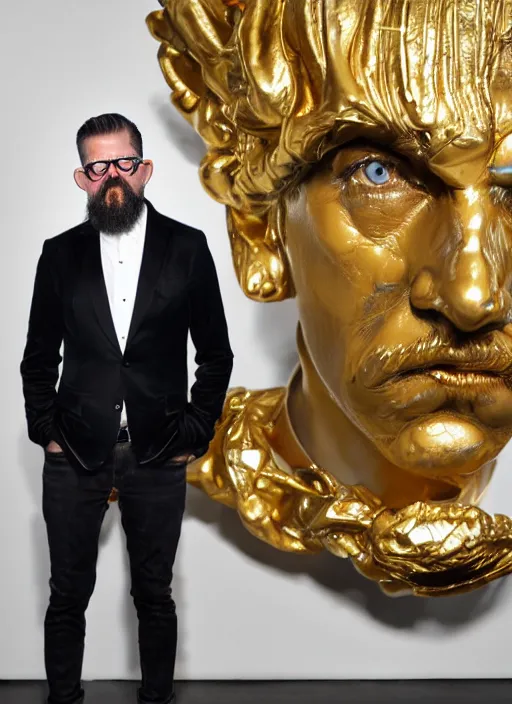 Prompt: Gavin McInnes sculpted by James Jean, gold elegant details, sigma male, behind him is an artwork of New York city, cinematic, award winning