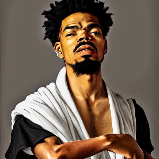 Image similar to a portrait painting of Chance The Rapper as a Poet in the style of Caravaggio, 1599, realistic, detailed