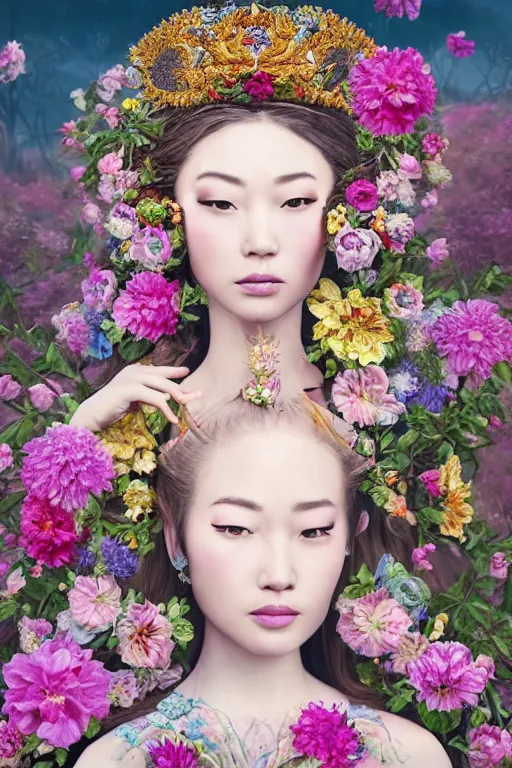 Image similar to a beautiful portrait of an empress in her garden, with a brilliant, impossible striking big flower headpiece, clothes entirely made out of flowers, symmetrical, closeup, dramatic studio lighting, rococo, baroque, jewels, asian, hyperrealism, D&D, fantasy, intricate, elegant, highly detailed, digital painting, artstation, octane render, 8k, concept art, matte, sharp focus, illustration, art by Artgerm and Greg Rutkowski and Alphonse Mucha