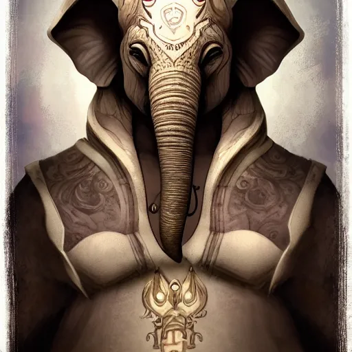 Image similar to Warlock with elephant traits. Character portrait, face close-up, of an anthro elephant warlock in the style of Bastien Lecouffe-Deharme. Tusks, long trunk holding a wand, looks like Ganesh.