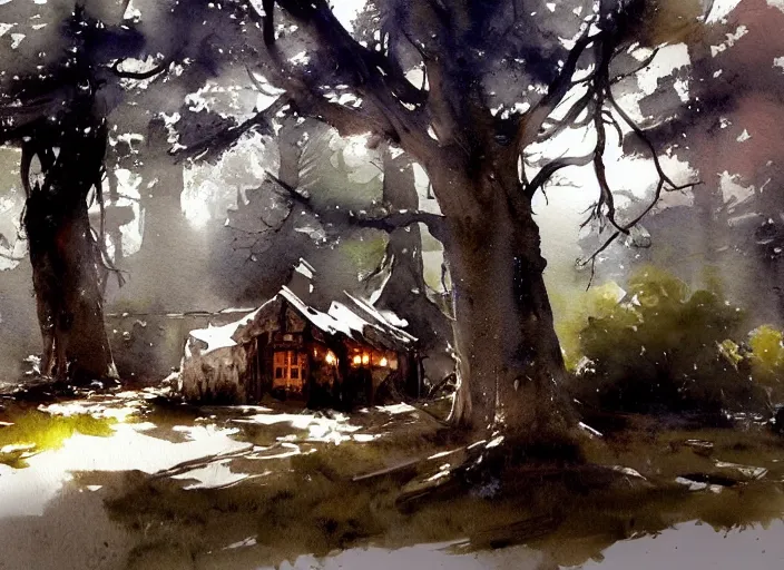 Prompt: watercolor splash, paint drops, drips, aquarelle painting of oak tree and rustic stone cabin, very very very beautiful, art by anders zorn, wonderful masterpiece by greg rutkowski, cinematic light, american romanticism by greg manchess, creation by tyler edlin