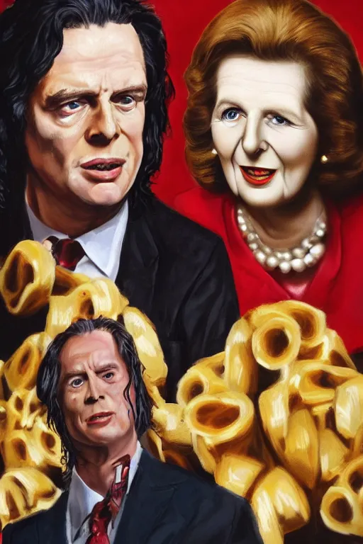 Image similar to margaret thatcher and tommy wiseau, ghanaian movie poster, highly detailed, olive garden, explosions, pasta, high octane render, hd, realism