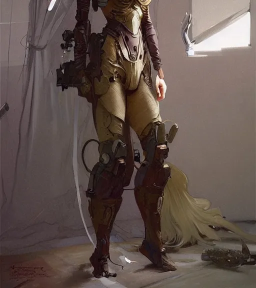 Image similar to woman model, combat mech clothes, in a bedroom!!!!!!!!!!!!!!!!!!!!, intricate clothes, elegant, highly detailed, digital painting, artstation, concept art, smooth, sharp focus, illustration, art by krenz cushart and artem demura and alphonse mucha