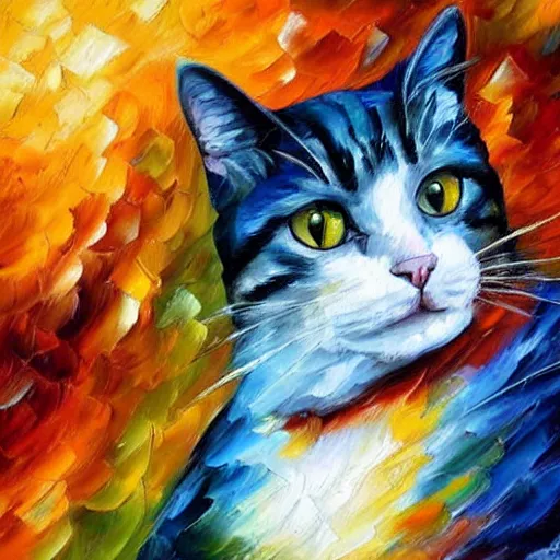 Prompt: painting of a cat wearing a lab coat by Leonid Afremov