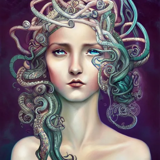 Image similar to realistic mythological greek medusa, by anna dittmann