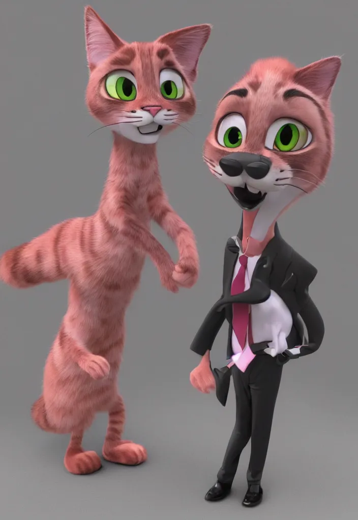 Image similar to 3d render , anthropomorphic male tabby cat,wearing a pink tux ,style of Zootopia, 8K HD Resolution, High quality image