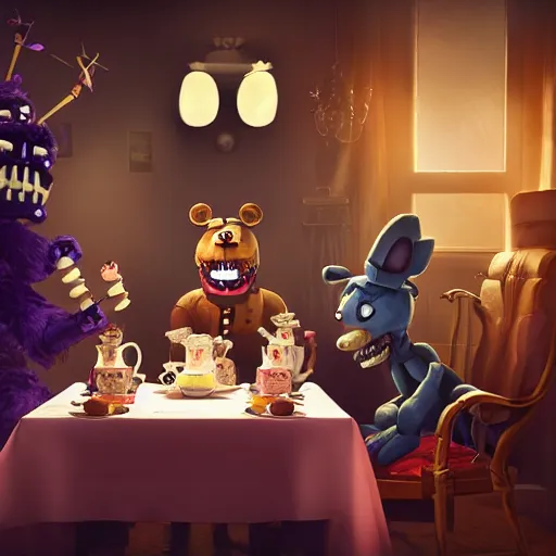 Image similar to a five nights at freddy's animatronic having an intense tea party with queen elizabeth ii, octane render / source, oil painting, trending on artstation, rossdraws