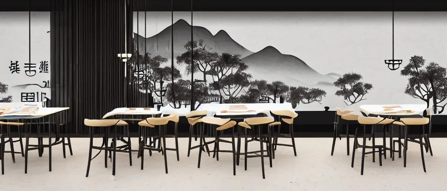 Image similar to a beautiful simple interior 4 k hd wallpaper illustration of small roasted string hotpot restaurant restaurant yan'an, illustrative style, from china, wallpaper with tower mountains, rectangle white porcelain table, black chair, fine simple delicate structure, animation style, simple style structure decoration design, victo ngai, 4 k hd