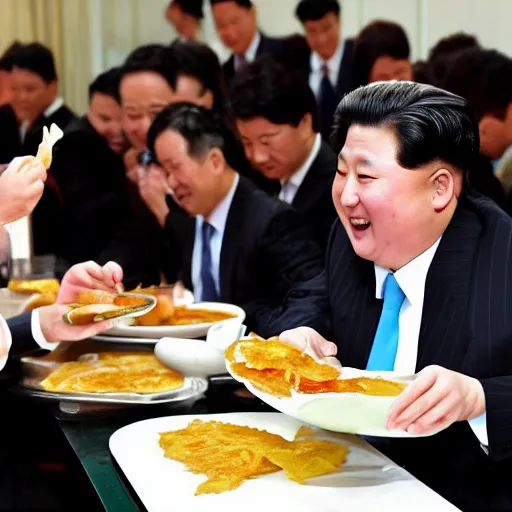 Image similar to happy kim jon - un eating spanish potato omelette