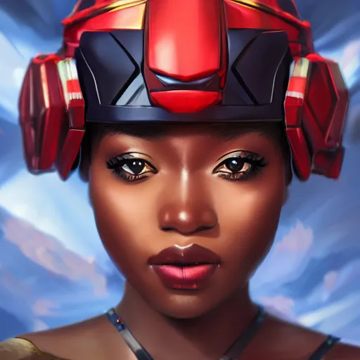 Image similar to portrait cartoon manga anime render of a strikingly gorgeous nigerian 👩🏿, wearing an intricate gundam pilot helmet, rossdraws, artgerm, norman rockwell, emiliano ponzi, epic composition, hd, octane, unreal engine, volumetric lighting, light rays, masterpiece, award - winning