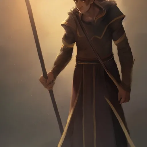 Prompt: An adolescent male half-elf wizard, focus on face, tall, slim, short brown hair, smiling, wizard robes, staff, sharp focus, highly detailed, photograph, cinematic, dynamic lighting, trending on artstation, digital painting, in the style of Chris Ostrowski