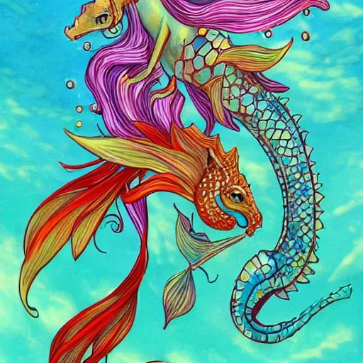 Image similar to merfolk riding seahorses, trending on artstation, colorful, intricate, art by aurore folny