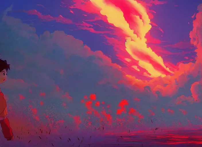 Image similar to a fiery apocalypse to end the human race, 4 k digital paint by studio ghibli hayao miyazaki. vivid colours, vaporwave lighting style, very sharp and detailed. trending on artstation and behance.