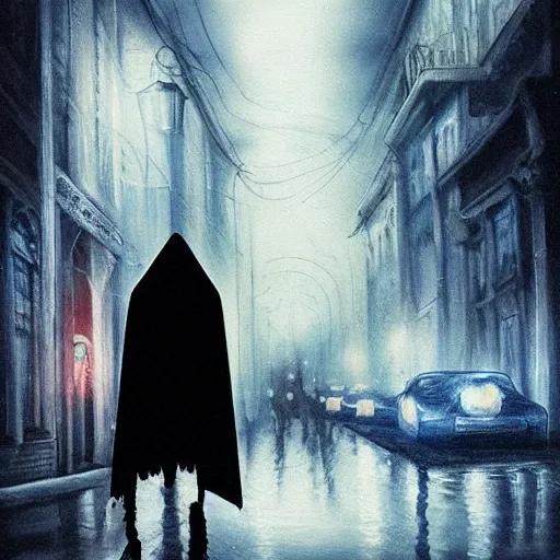 Image similar to ominous bedsheet ghost standing in front of a cars headlights late at night, oil painting, brush strokes, highly ornate intricate detail, gloomy mood,