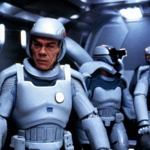 Image similar to movie still, 1 9 8 0 s, van damme as sci - fi starship trooper, hyperdetailed, by ridley scott, john carpenter and vittorio storaro, blue leds