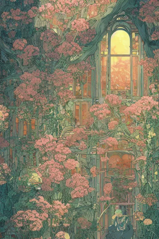 Prompt: a beautiful hyperdetailed 2 d illustration victo ngai style of absolutely beautiful blooming flower house alone, perfectly shaded, atmospheric lighting, style of studio ghibli, makoto shinkai, raphael lacoste, louis comfort tiffany, artgerm, james jean, ross tran, chinese style