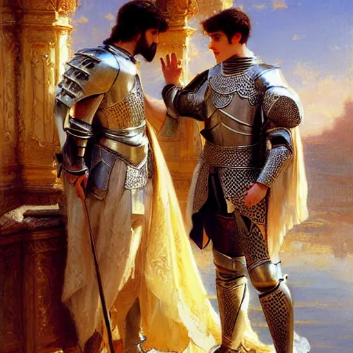 Prompt: attractive male prince fully clothed confesses his love for his attractive male knight fully clothed. highly detailed painting by gaston bussiere, craig mullins, j. c. leyendecker 8 k