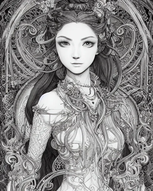 Image similar to portrait of a woman, baroque style, elegant, beautiful, mesmerizing, concept art, intricate linework, detailed and intricate environment, highly detailed, artstation, behance, deviantart, inspired by monstress, sana takeda