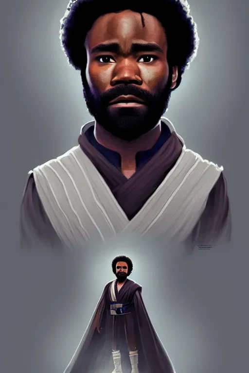 Image similar to Donald Glover as a Jedi from Star Wars, Naboo, realistic portrait, symmetrical, highly detailed, digital painting, artstation, concept art, smooth, sharp focus, cinematic lighting, art by Ralph McQuarry