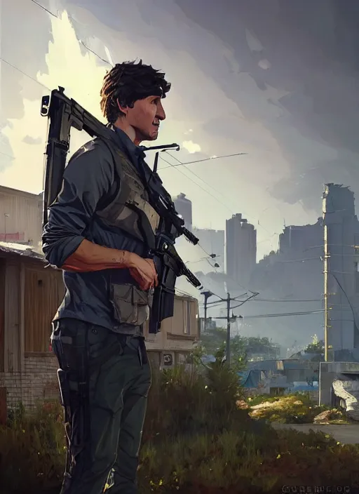 Image similar to highly detailed portrait justin trudeau in street gang attire holding ar - 1 5! in gta v stephen bliss unreal engine fantasy art by greg rutkowski loish rhads ferdinand knab makoto shinkai lois van baarle ilya kuvshinov rossdraws tom bagshaw global illumination radiant light detailed intricate environment