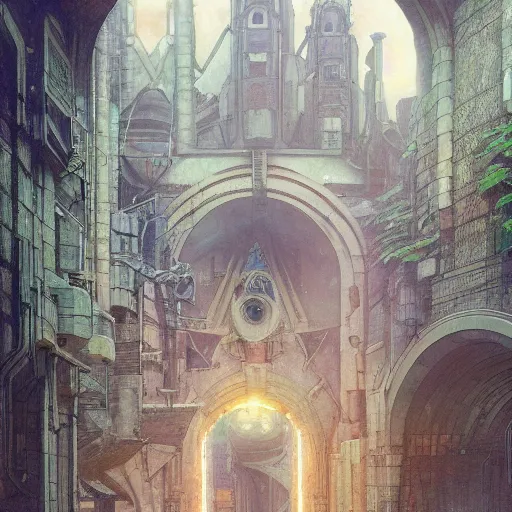 Prompt: art deco archway leading into arcology with studio ghibli wooden homeless medieval city built into it, science fiction concept art by greg rutkowski and wayne barlowe and alphonse mucha