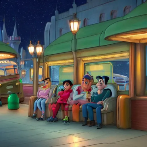 Image similar to a some people waiting in a lone bus stop in quiet dark city night in Disney Pixar's Up,detailed