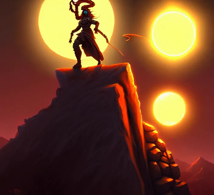 Prompt: subsurface scattering, a dune raider stands atop a ruined monument, brom's amazing d & d dark sun art, digital painting by brom, vibrant, brom, the horizon has an eclipse with a burning corona, intricate details, beautiful, volumetric lighting, ultrarealistic, eclipse, cgsociety, artstation, by brom, 8 k