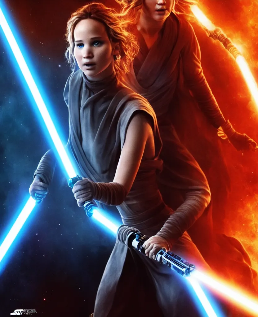 Image similar to jennifer lawrence as a jedi holding up a blue lightsaber, very dark background, official new star wars episode xi movie poster from lucas arts, perfect symmetrical face, full moon, moody lighting, 8 k, shallow depth of field, intricate detail,