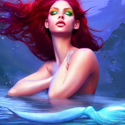 Image similar to a beautiful mermaid, full body shot, portrait, fantasy, beautiful face, vivid colors, elegant, concept art, sharp focus, digital art, Hyper-realistic, 4K, Unreal Engine, Highly Detailed, HD, Dramatic Lighting by Brom, trending on Artstation