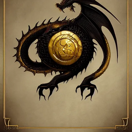 Image similar to emblem of black dragon on a gold metallic dragon logo, by artgerm, tom bagshaw, gerald brom, moody vibe, victorian vibe, gold, shiny, gold, 4 k, hd,