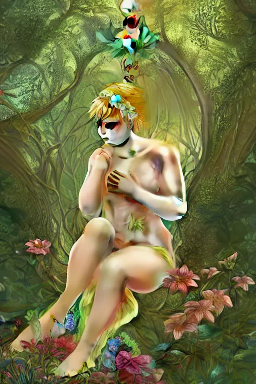 Image similar to Curvaceous fairy goddess sitting on a vivid flower in a lush green forest, Mark Arian and Alphonse Mucha, highly detailed, intricate, dynamic lighting, octane render, 8k