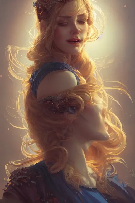 Image similar to an insanely detailed portrait of a beautiful woman facing you, highly detailed features, sparkling blue eyes, long eyelashes, long golden blonde hair, beautiful smile, in the style of peter mohrbacher, artgerm, dramatic lighting and composition, octane render, trending on artstation, concept art 8 k