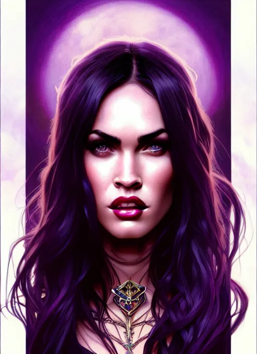 Image similar to portrait of megan fox as a vampire queen, jewelry, greek, purple, intricate, headshot, highly detailed, digital painting, artstation, concept art, sharp focus, cinematic lighting, illustration, art by artgerm and greg rutkowski, alphonse mucha, cgsociety