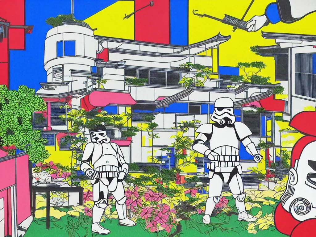 Image similar to hyperrealistic composition of the japanese home with a garden, stormtrooper in hot springs, pop - art style, jacky tsai style, andy warhol style, roy lichtenstein style, pastel palette, acrylic on canvas