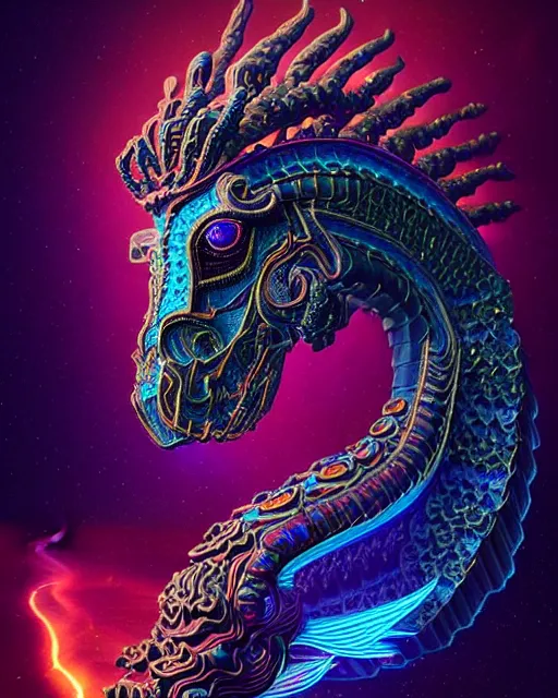 Prompt: 3 d ornate carved dark cosmic horse with profile portrait, sigma 5 0 0 mm f / 5. beautiful intricate highly detailed quetzalcoatl skull. bioluminescent, plasma, lava, ice, water, creature, thunderstorm! artwork by tooth wu and wlop and beeple and greg rutkowski, 8 k trending on artstation