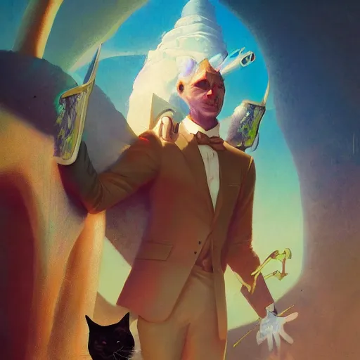 Image similar to face head eyes fuzzy ears kitty cat tabby international spy 007 wearing a nanotech tuxedo concealing a sword jordan grimmer maxfield parrish cristi balanescu ross tran christophe young dug stanat jakub rebelka oil painting impasto