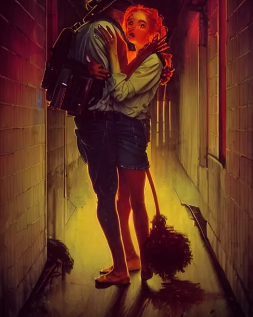 Prompt: in the style of Norman Rockwell and Charlie Bowater, Samara Weaving, symmetrical face, full body, in an alleyway during The Purge, people fighting, night time dark with neon colors, fires