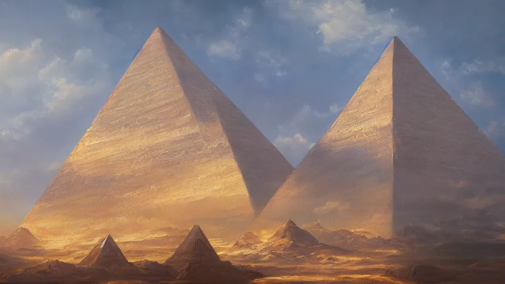 Prompt: Trending on artstation, beautiful pyramid with golden tip, detailed matte painting, oil on canvas