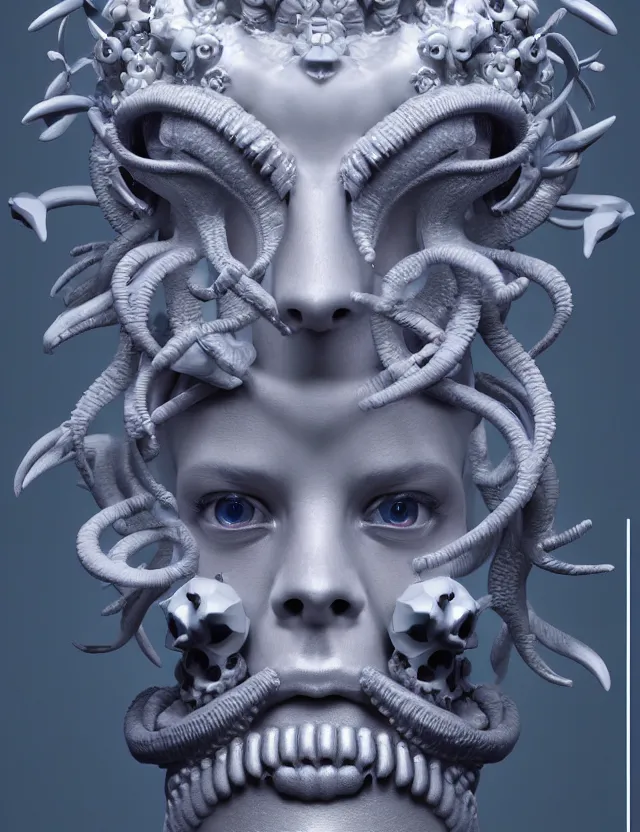 Image similar to symmetrical, centered, zbrush sculpt of goddess close-up portrait wigh crown made of skulls. phoenix betta fish, phoenix, bioluminiscent creature, super intricate ornaments artwork by Tooth Wu and wlop and beeple and greg rutkowski