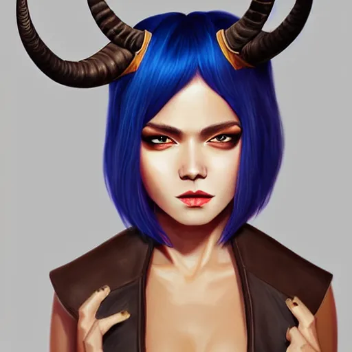 Image similar to illustrated realistic portrait of ram-horned devil woman with blue bob hairstyle and her tan colored skin and with solid black eyes wearing leather by rossdraws