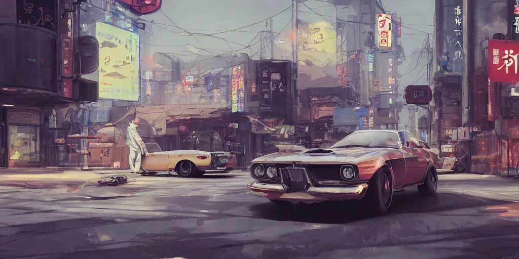 Prompt: retro car in a japanese city, 4 k, greg rutkowski, highly detailed, retrofuturistic, artstation