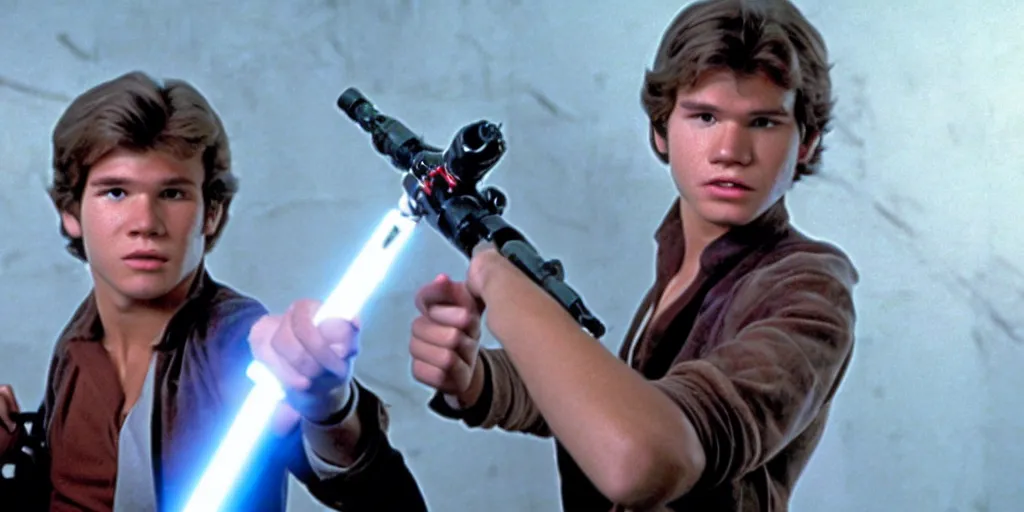 Image similar to a full color still of a teenaged Han Solo holding a lightsaber hilt during a sci-fi battle, cinematic lighting, 1999, directed by Steven Spielberg, 35mm