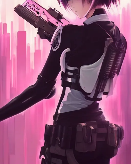 Image similar to 2 b, anime key visual of a young female swat officer, neon, cyberpunk, futuristic, white outfit, black swat vest, swat helmet, holding pdw, stunning, highly detailed, digital painting, smooth, soft focus, illustration, poster, japanese typography, digital art from artstation by artgerm and greg rutkowski and alphonse mucha