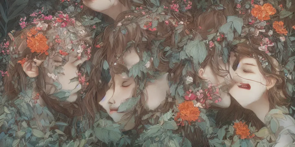 Image similar to breathtaking detailed concept art painting of kissing humanoid bears, amalgamation of leaves and flowers, by Hsiao-Ron Cheng, James jean, Miho Hirano, Hayao Miyazaki, extremely moody lighting, 8K