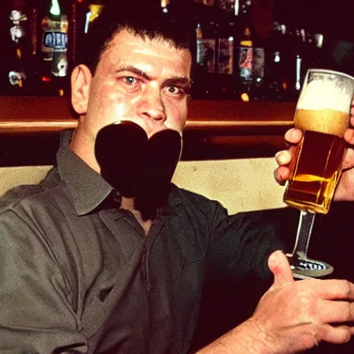 Prompt: doomguy drinking beer in a bar, analog photography, 9 0 s