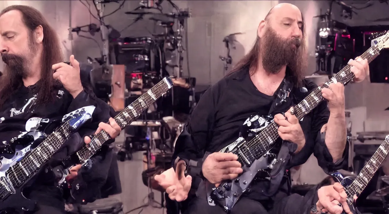 Prompt: john petrucci plays guitar with donald trump, 2 0 1 5 official music video, shot on sony a 7, studio recording