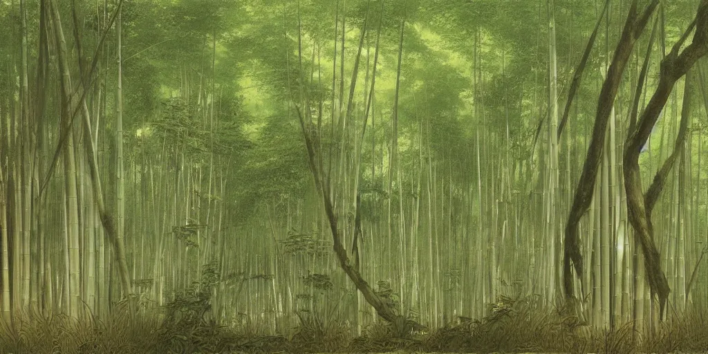 Prompt: art by john howe of the cinematic view of the sagano bamboo forest.