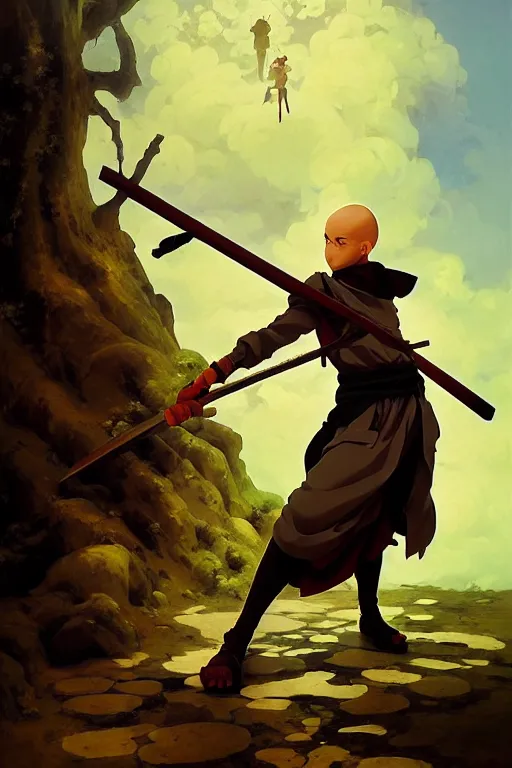 Image similar to baroque oil painting of key visual portrait concept art of anime monk fighting with a wood weapon in a dungeon, brutalist, dark fantasy, rule of thirds golden ratio, fake detail, trending pixiv fanbox, acrylic palette knife, style of makoto shinkai studio ghibli genshin impact jamie wyeth james gilleard greg rutkowski chiho aoshima