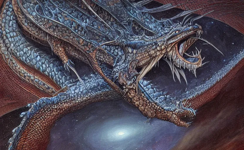 Prompt: a close up of a painting of a dragon, an ultrafine detailed painting by John Howe, by György Vastagh, by Jeffrey Smith, behance contest winner, space art, lovecraftian, cosmic horror, biomorphic